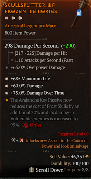 MMOJUGG Diablo 4 SKULLSPLITTER OF FROZEN MEMORIES#1174116 Details View of Item Function and Use