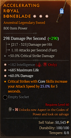MMOJUGG Diablo 4 ACCELERATING ROYAL BONEBLADE#1174124 Details View of Item Function and Use
