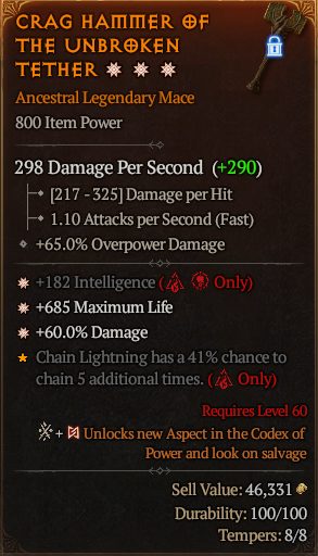 MMOJUGG Diablo 4 CRAG HAMMER OF THE UNBROKEN TETHER#1174134 Details View of Item Function and Use