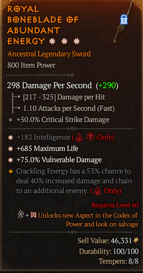 MMOJUGG Diablo 4 ROYAL BONEBLADE OF ABUNDANT ENERGY#1174135 Details View of Item Function and Use