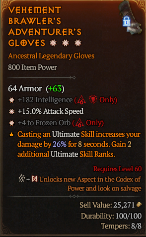 MMOJUGG Diablo 4 VEHEMENT BRAWLER'S ADVENTURER'S GLOVES#1174141 Details View of Item Function and Use