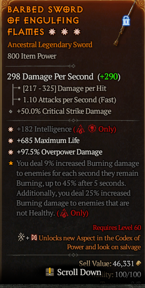 MMOJUGG Diablo 4 BARBED SWORD F ENGULFING FLAMES#1174143 Details View of Item Function and Use