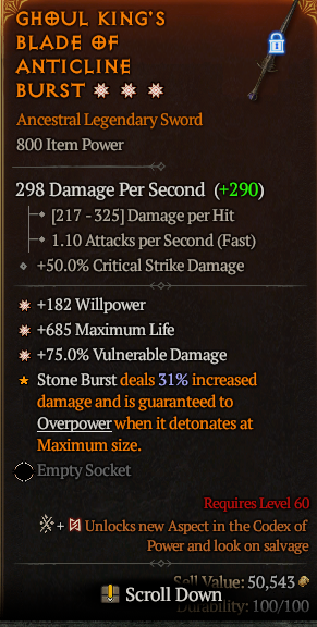MMOJUGG Diablo 4 GHOUL KING'S BLADE OF ANTICLINE BURST#1174257 Details View of Item Function and Use