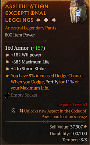 MMOJUGG Diablo 4 ASSIMILATION EXCEPTIONAL LEGGINGS#1174263 Details View of Item Function and Use