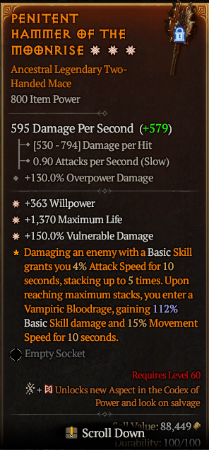 MMOJUGG Diablo 4 PENITENT HAMMER OF THE MNRISE#1174266 Details View of Item Function and Use