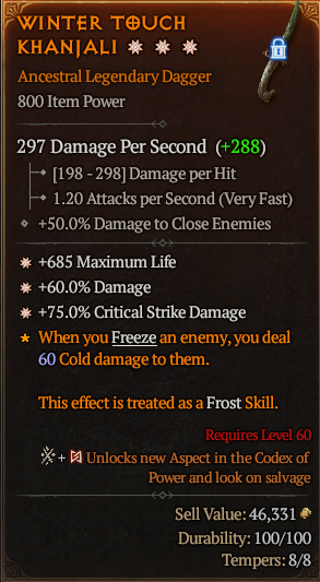 MMOJUGG Diablo 4 WINTER TOUCH KHANJALI#1174507 Details View of Item Function and Use