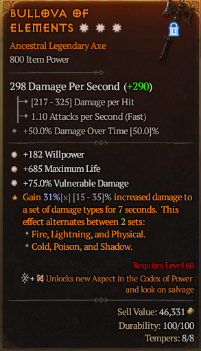 MMOJUGG Diablo 4 BULLOVA OF ELEMENTS#1176033 Details View of Item Function and Use