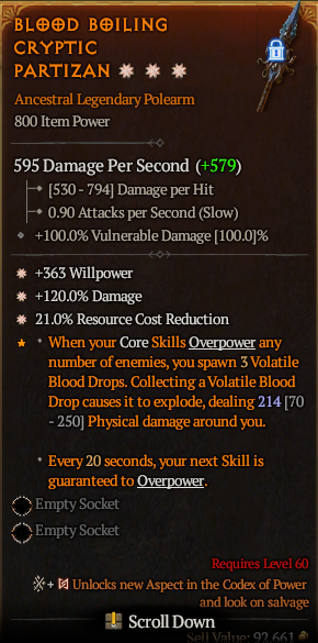 MMOJUGG Diablo 4 BLOOD BOILING CRYPTIC PARTIZAN#1176055 Details View of Item Function and Use