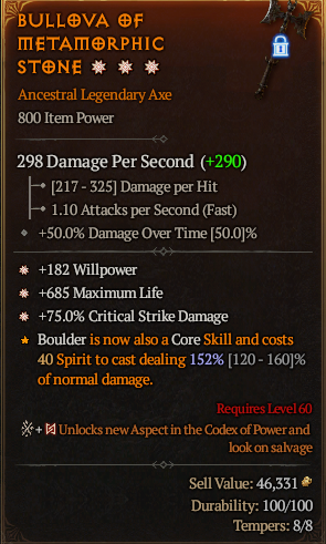 MMOJUGG Diablo 4 BULLOVA OF METAMORPHIC STONE#1176395 Details View of Item Function and Use