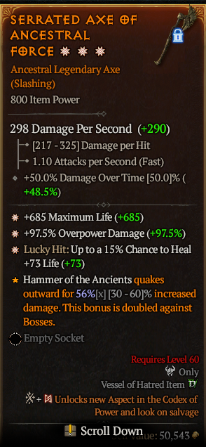 MMOJUGG Diablo 4 SERRATED AXE OF ANCESTRAL FORCE#1176845 Details View of Item Function and Use