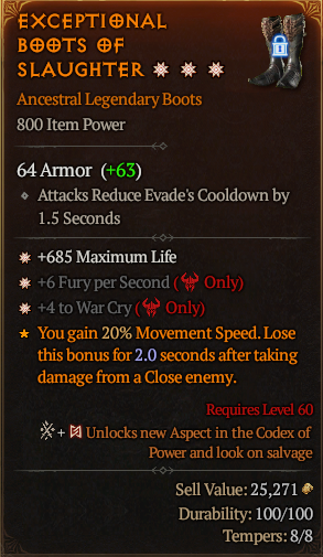 MMOJUGG Diablo 4 EXCEPTIONAL BOOTS OF SLAUGHTER#1177315 Details View of Item Function and Use