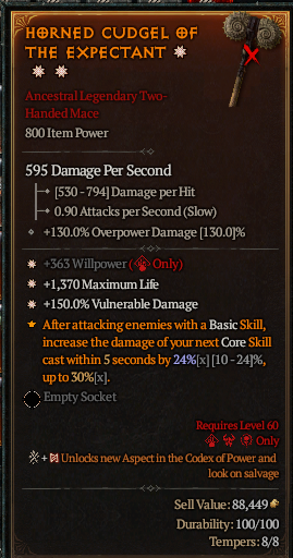 MMOJUGG Diablo 4 HORNED CUDGEL OF THE EXPECTANT#1177372 Details View of Item Function and Use