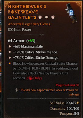 MMOJUGG Diablo 4 NIGHTHOWLER'S BONEWEAVE GAUNTLETS#1177374 Details View of Item Function and Use