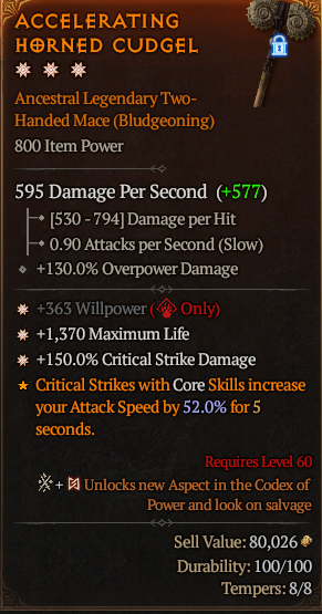 MMOJUGG Diablo 4 ACCELERATING HORNED CUDGEL#1178361 Details View of Item Function and Use