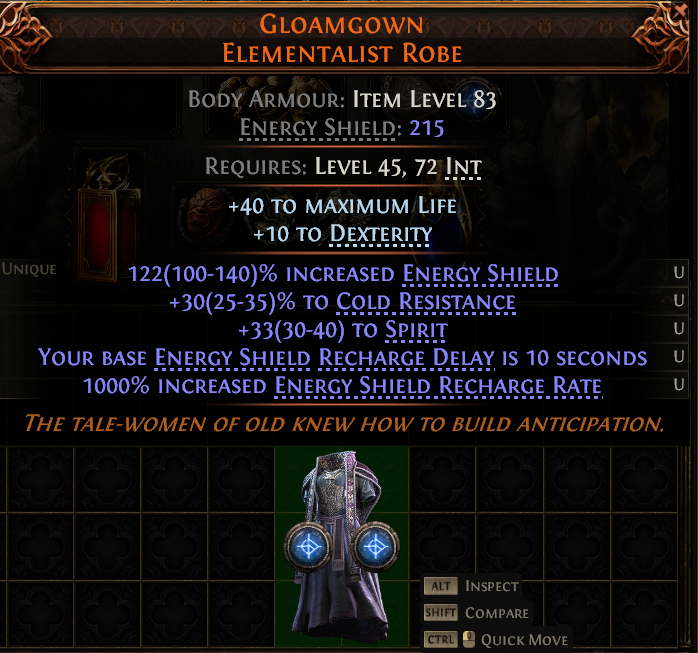 MMOJUGG Path of Exile 2 GLOAMGOWN ELEMENTALIST ROBE#1180255 Details View of Item Function and Use