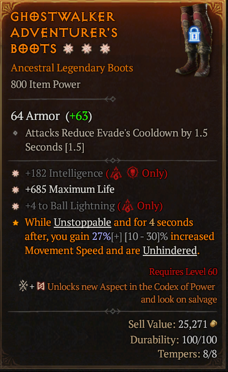MMOJUGG Diablo 4 GHOSTWALKER ADVENTURER'S BOOTS#1195729 Details View of Item Function and Use