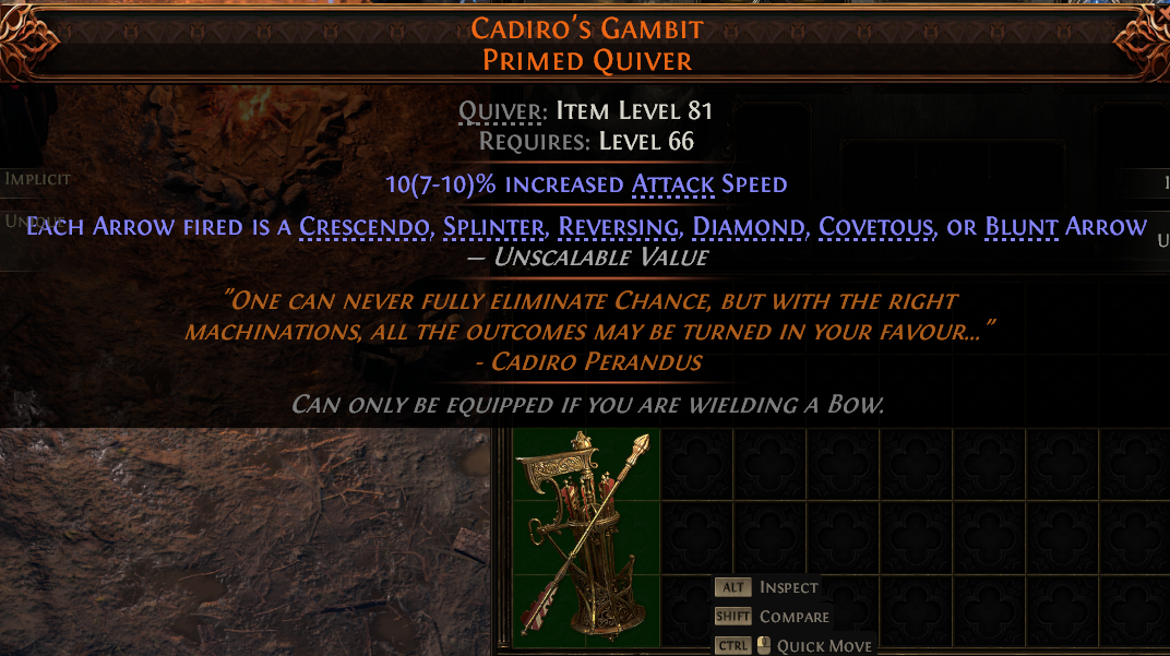 MMOJUGG Path of Exile 2 CADIRO'S GAMBIT PRIMED QUIVER#1207917 Details View of Item Function and Use