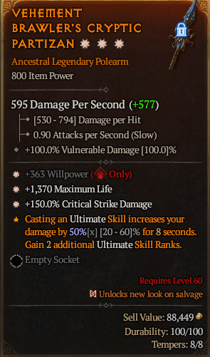MMOJUGG Diablo 4 VEHEMENT BRAWLER'S CRYPTIC PARTIZAN#1208494 Details View of Item Function and Use