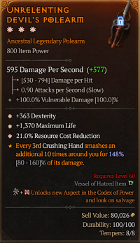 MMOJUGG Diablo 4 UNRELENTING DEVIL'S POLEARM#1210027 Details View of Item Function and Use