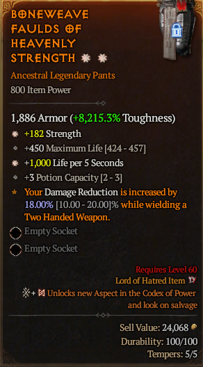 MMOJUGG Diablo 4 BONEWEAVE FAULDS OF HEAVENLY STRENGTH#1221682 Details View of Item Function and Use