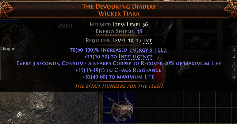 MMOJUGG Path of Exile 2 THE DEVOURING DIADEM WICKER TIARA#1223683 Details View of Item Function and Use