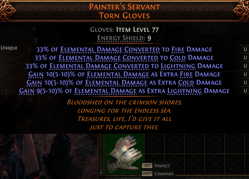 MMOJUGG Path of Exile 2 PAINTER'S SERVANT TORN GLOVES#1223862 Details View of Item Function and Use
