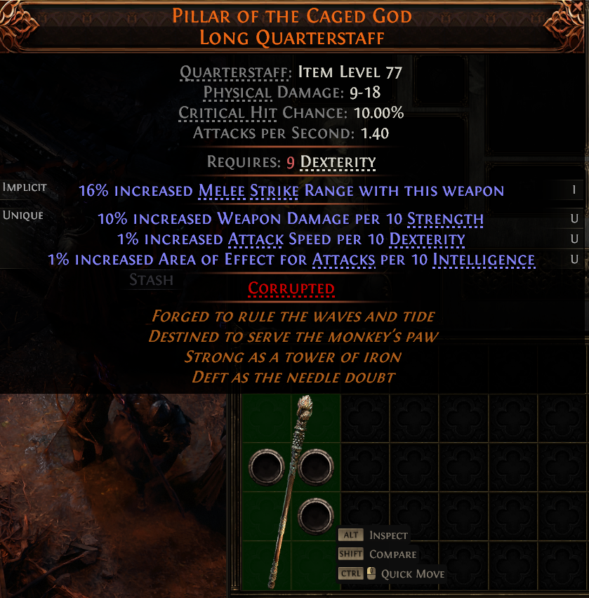 MMOJUGG Path of Exile 2 PILLAR OF THE CAGED GOD LONG QUARTERSTAFF#1223872 Details View of Item Function and Use
