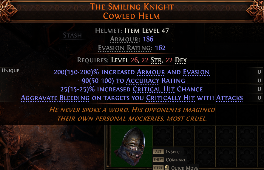 MMOJUGG Path of Exile 2 THE SMILING KNIGHT COWLED HELM#1223878 Details View of Item Function and Use