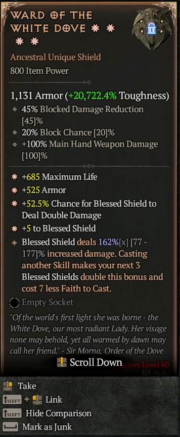 MMOJUGG Diablo 4 WARD OF THE WHITE DOVE#1223922 Details View of Item Function and Use