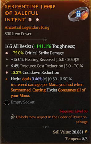 MMOJUGG Diablo 4 SERPENTINE LOOP OF BALEFUL INTENT#1224151 Details View of Item Function and Use