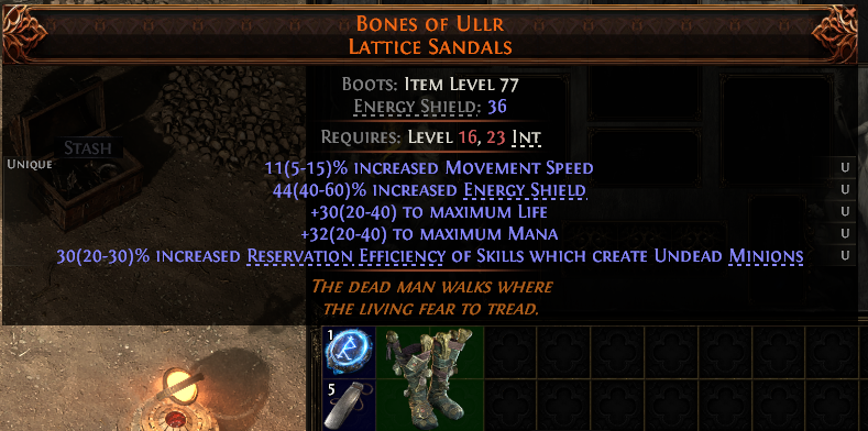 MMOJUGG Path of Exile 2 BONES OF ULLR LATTICE SANDALS#1224224 Details View of Item Function and Use