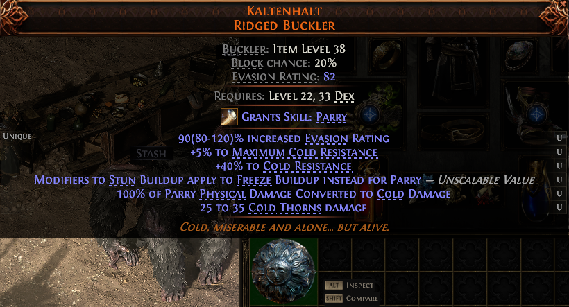 MMOJUGG Path of Exile 2 KALTENHALT RIDGED BUCKLER#1224678 Details View of Item Function and Use