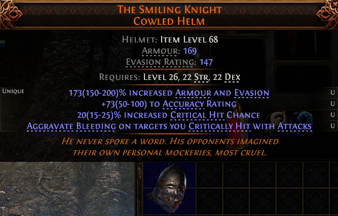 MMOJUGG Path of Exile 2 THE SMILING KNIGHT COWLED HELM#1224709 Details View of Item Function and Use