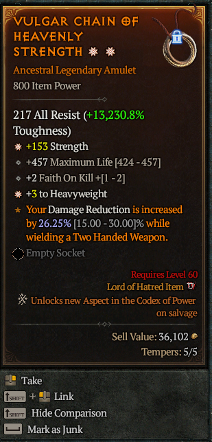 MMOJUGG Diablo 4 VULGAR CHAIN OF HEAVENLY STRENGTH#1225524 Details View of Item Function and Use