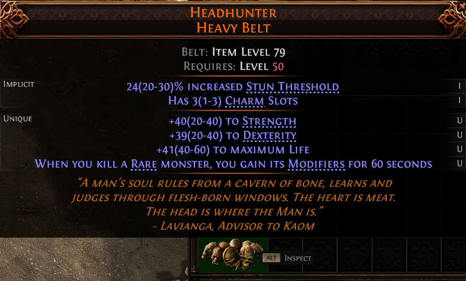 MMOJUGG Path of Exile 2 HEADHUNTER HEAVY BELT#1226264 Details View of Item Function and Use