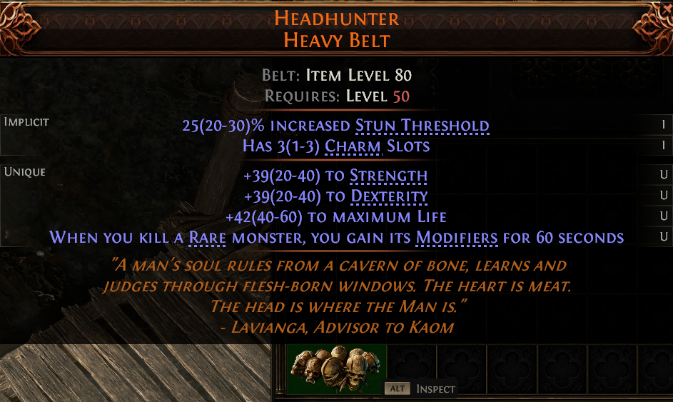 MMOJUGG Path of Exile 2 HEADHUNTER HEAVY BELT#1226266 Details View of Item Function and Use