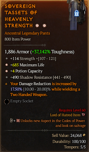 MMOJUGG Diablo 4 SOVEREIGN TASSETS OF HEAVENLY STRENGTH#1226951 Details View of Item Function and Use