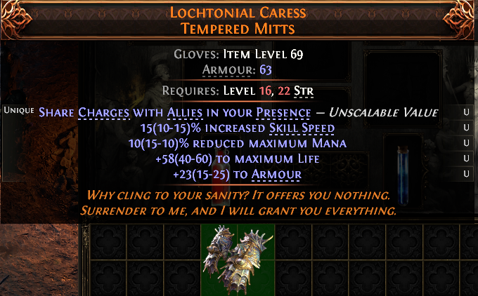 MMOJUGG Path of Exile 2 LOCHTONIAL CARESS TEMPERED MITTS#1227772 Details View of Item Function and Use