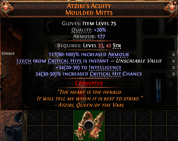 MMOJUGG Path of Exile 2 ATZIRI'S ACUITY MOULDED MITTS#1227825 Details View of Item Function and Use