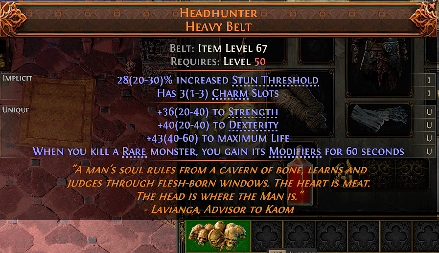 MMOJUGG Path of Exile 2 HEADHUNTER HEAVY BELT#1228090 Details View of Item Function and Use