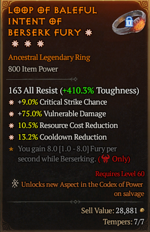 MMOJUGG Diablo 4 LOOP OF BALEFUL INTENT OF BERSERK FURY#1228366 Details View of Item Function and Use