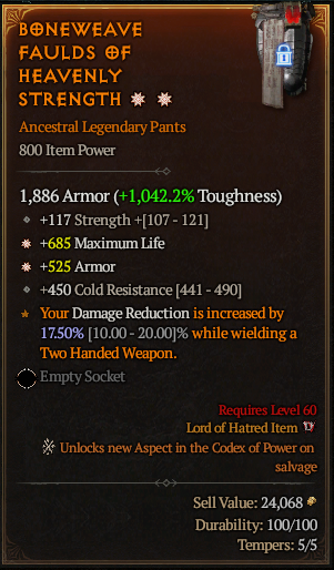 MMOJUGG Diablo 4 BONEWEAVE FAULDS OF HEAVENLY STRENGTH#1228631 Details View of Item Function and Use