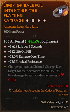 MMOJUGG Diablo 4 LOOP OF BALEFUL INTENT OF THE FLAMING RAMPAGE#1229334 Details View of Item Function and Use