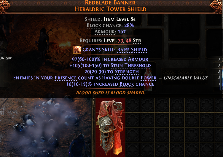 MMOJUGG Path of Exile 2 REDBLADE BANNER HERALDRIC TOWER SHIELD#1229600 Details View of Item Function and Use