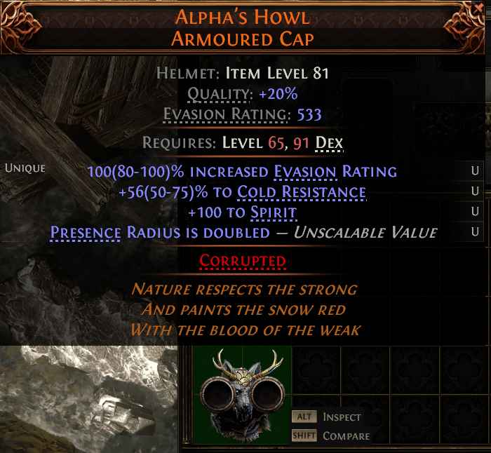 MMOJUGG Path of Exile 2 ALPHA'S HOWL ARMOURED CAP#1229814 Details View of Item Function and Use