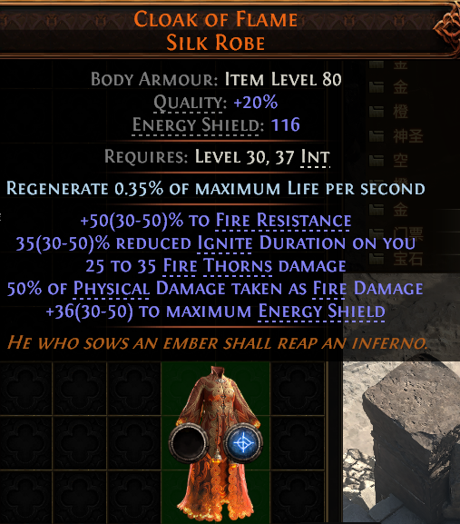 MMOJUGG Path of Exile 2 CLOAK OF FLAME SILK ROBE#1231644 Details View of Item Function and Use