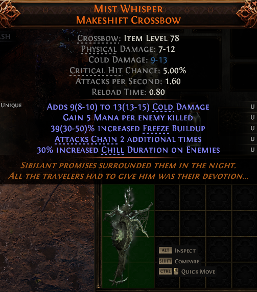 MMOJUGG Path of Exile 2 MIST WHISPER MAKESHIFT CROSSBOW#1232576 Details View of Item Function and Use