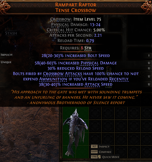 MMOJUGG Path of Exile 2 RAMPART RAPTOR TENSE CROSSBOW#1232579 Details View of Item Function and Use