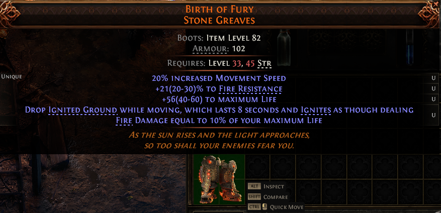 MMOJUGG Path of Exile 2 BIRTH OF FURY STONE GREAVES#1232585 Details View of Item Function and Use