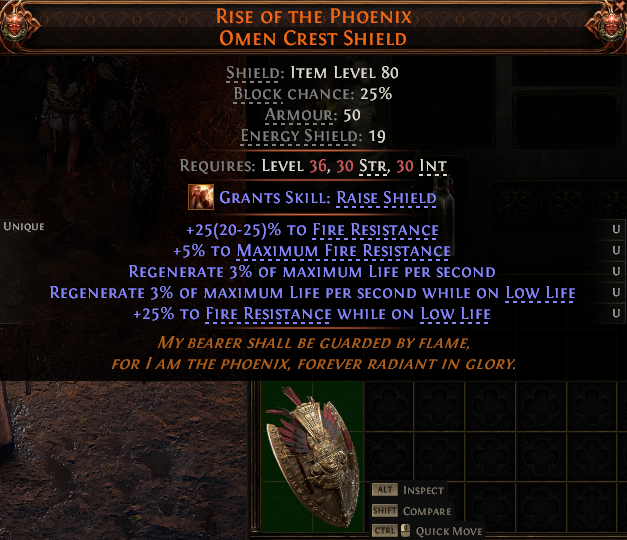 MMOJUGG Path of Exile 2 RISE OF THE PHOENIX OMEN CREST SHIELD#1232592 Details View of Item Function and Use